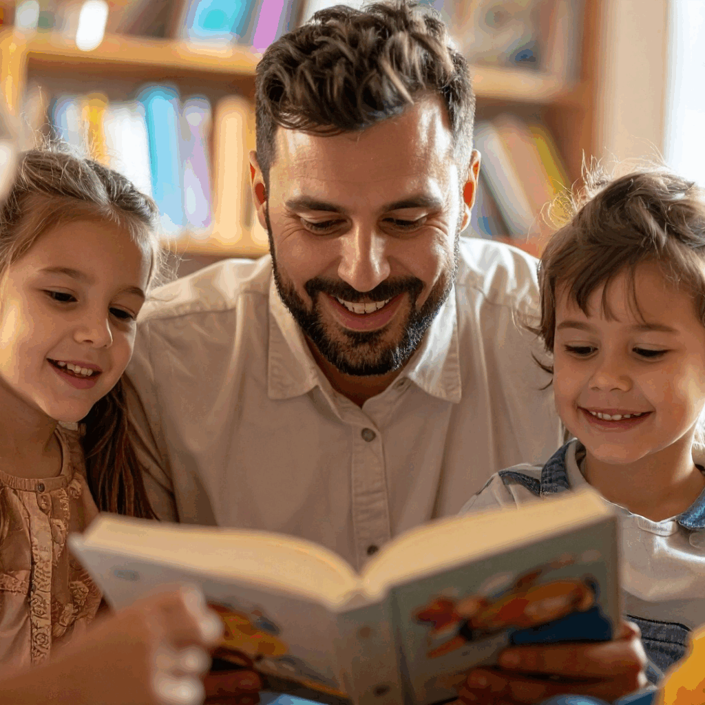 Lesen fördern_Mann liest mit Kindern ein Buch